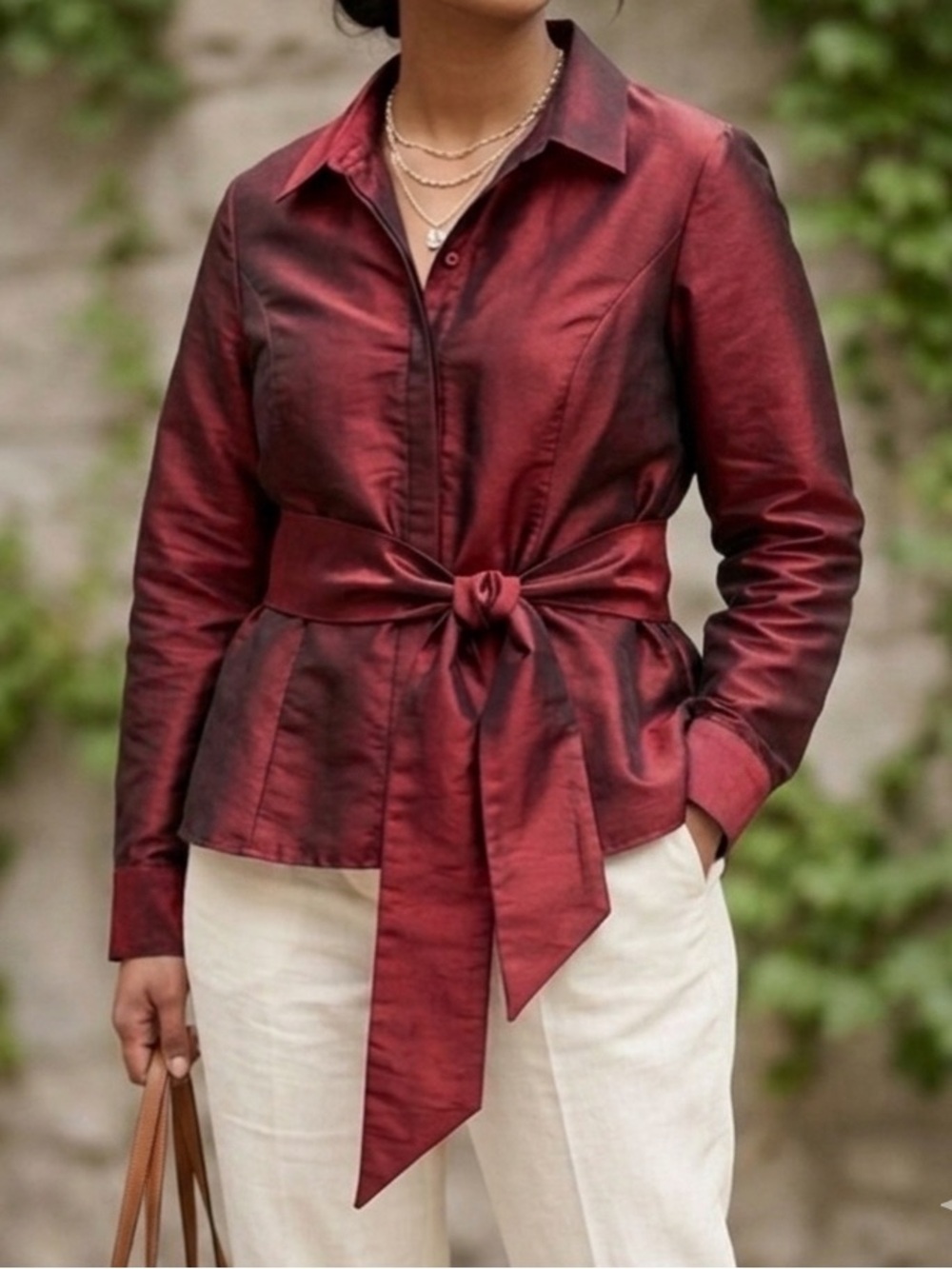 Peter Nygard Red Taffeta Blouse Jacket Tie Waist Peplum Top Petites 14